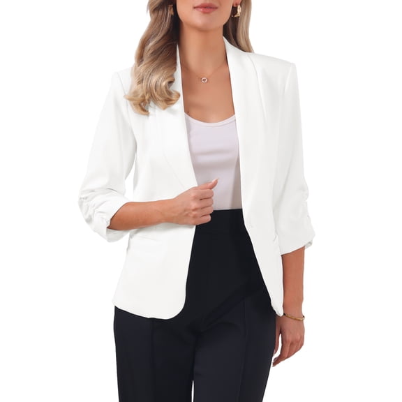 INSPIRE CHIC Shawl Lapel Blazer for Women 3/4 Sleeves Pocket Single Button Work Suit XS White
