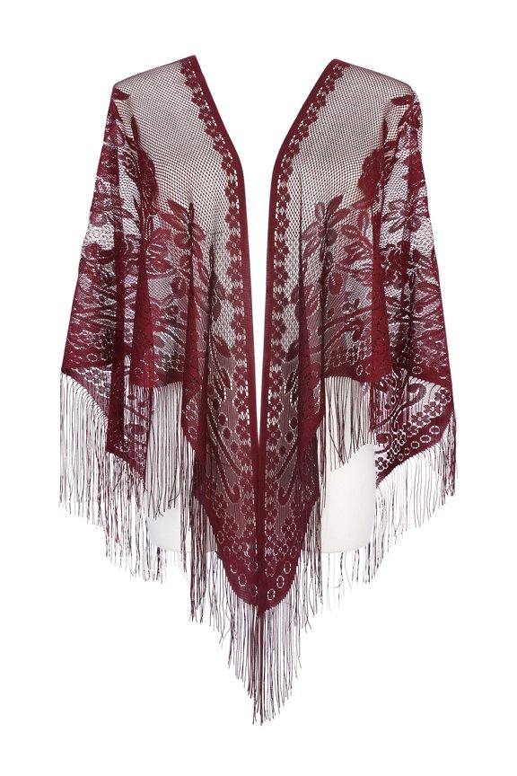 Shawls and Wraps for Evening Dresses, Lace Mesh Fringe Triangle Scarves with Tassels for Women Wedding Formal Party 74.8x28.3" Dark Wine Red