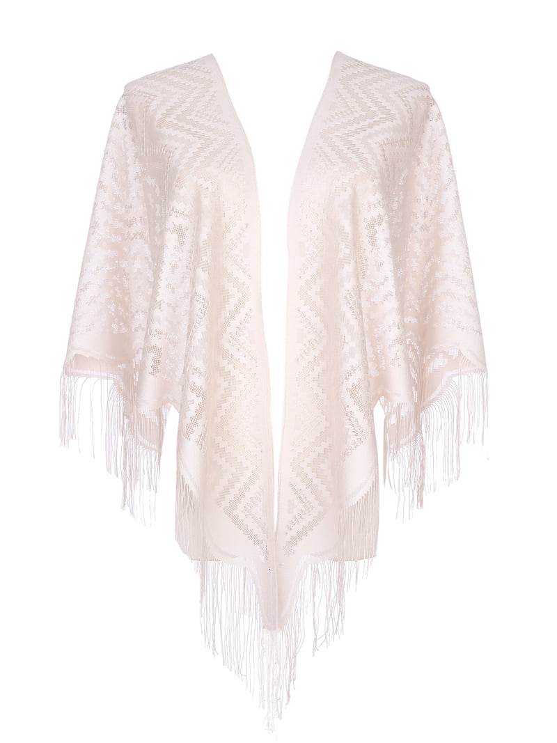 Inspire Chic Shawls and Wraps for Evening Dresses, Lace Mesh Fringe Triangle Scarves for Wedding Formal Party 70.9"x27.6" Beige