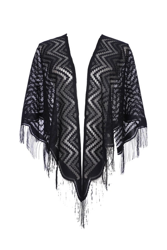 Shawls and Wraps for Evening Dresses, Lace Mesh Fringe Triangle Scarves for Wedding Formal Party 70.9"x27.6" Black