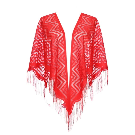 INSPIRE CHIC Shawls and Wraps for Evening Dresses, Lace Mesh Fringe Triangle Scarves for Wedding Formal Party 70.9"x27.6" Red