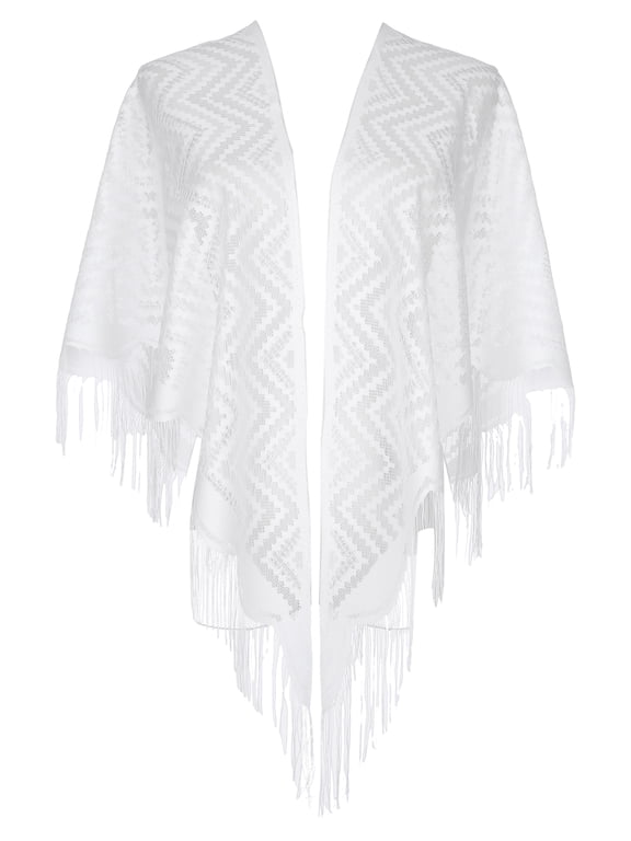 Shawls and Wraps for Evening Dresses, Lace Mesh Fringe Triangle Scarves for Wedding Formal Party 70.9"x27.6" White