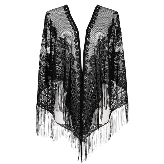 INSPIRE CHIC Women's Halloween Lace Fringe Triangle Shawl Elegant Floral Crochet Wrap for Wedding Evening Party 74.8x28.3" Black