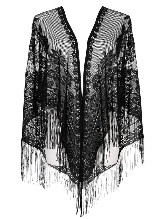 Women's Halloween Lace Fringe Triangle Shawl Elegant Floral Crochet Wrap for Wedding Evening Party 74.8x28.3" Black