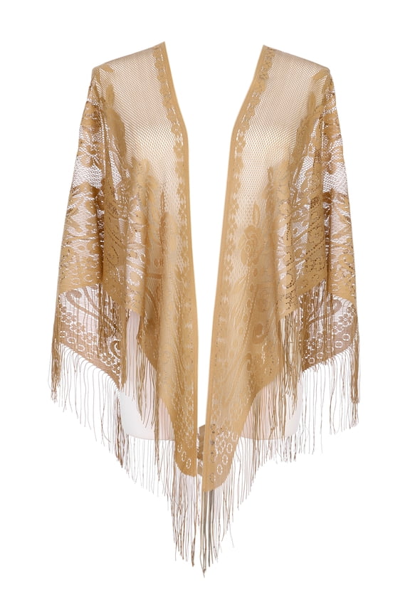 Shawls and Wraps for Evening Dresses, Lace Mesh Fringe Triangle Scarves with Tassels for Women Wedding Formal Party 74.8x28.3" Camel