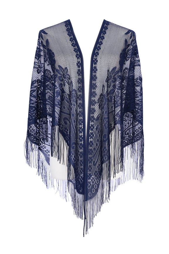 Shawls and Wraps for Evening Dresses, Lace Mesh Fringe Triangle Scarves with Tassels for Women Wedding Formal Party 74.8x28.3" Dark Blue