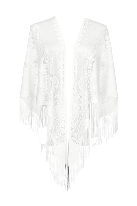 Shawls and Wraps for Evening Dresses, Lace Mesh Fringe Triangle Scarves with Tassels for Women Wedding Formal Party 74.8x28.3" White