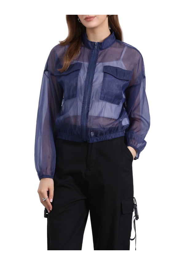 Sheer Bomber Jacket for Women's Zip Up Long Sleeve See Through Jackets L Dark Blue