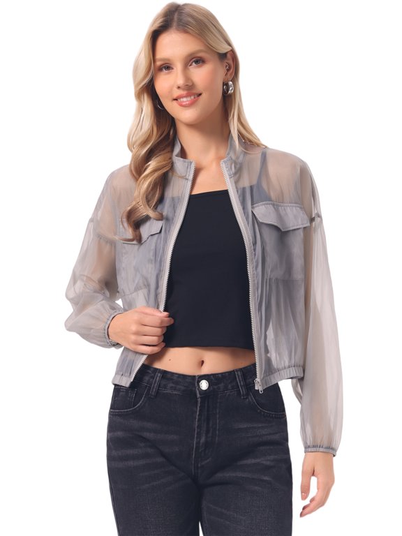 Women's Sheer Bomber Jacket Zip Up Mock Neck Mesh Jackets Grey S