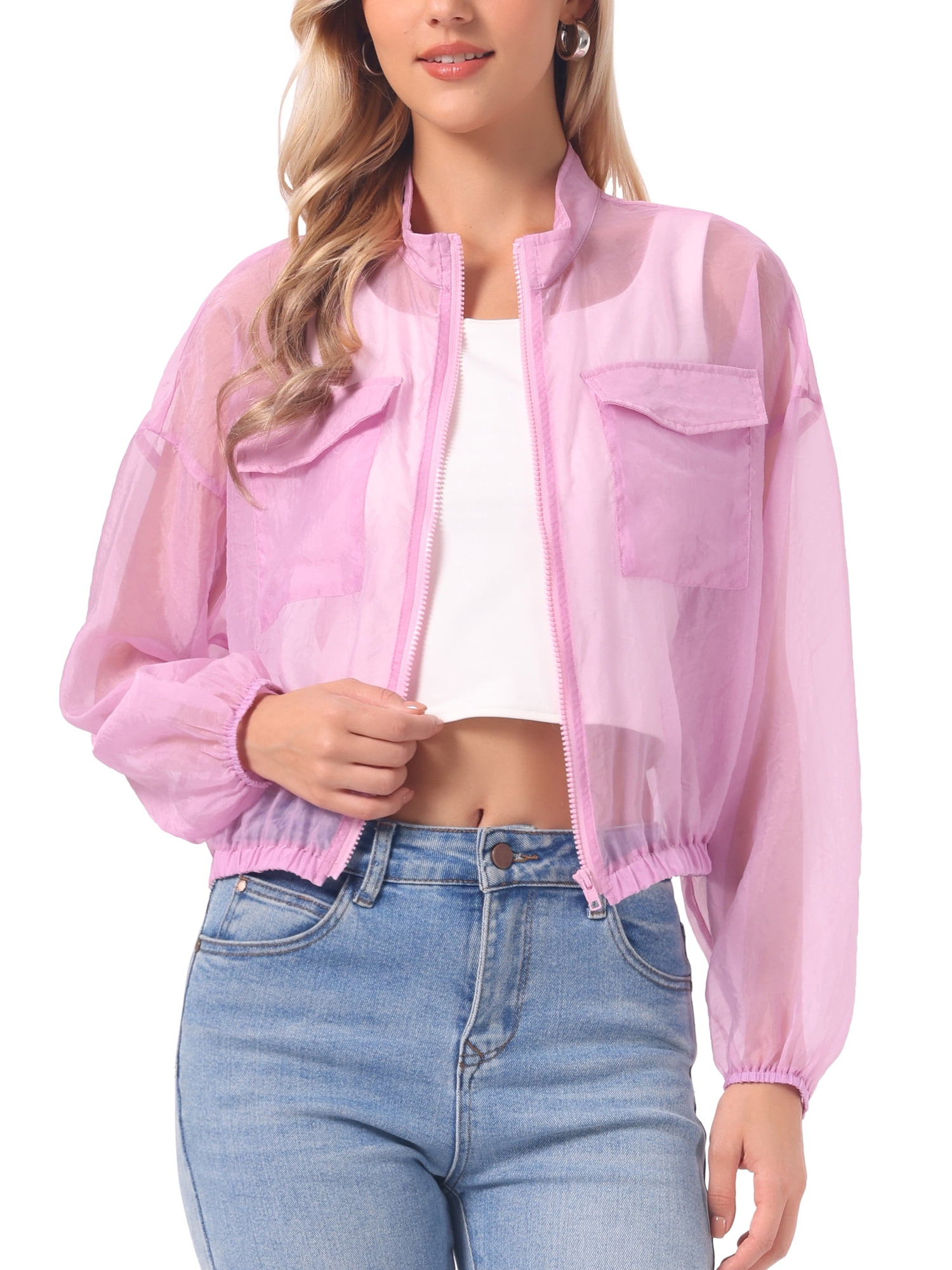 INSPIRE CHIC Sheer Bomber Jacket for Women's Zip Up Long Sleeve