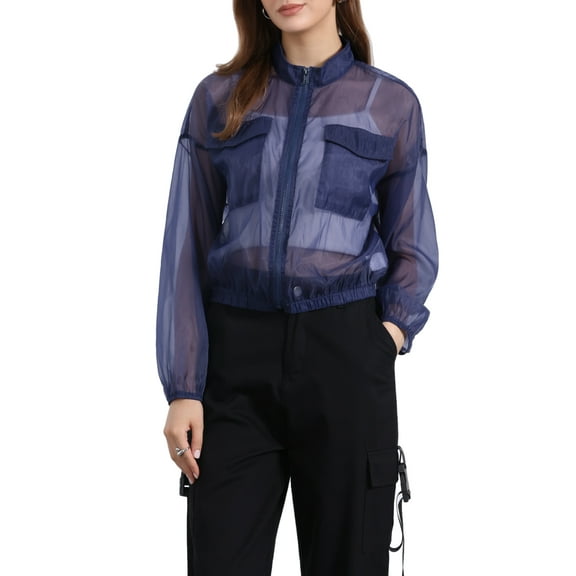 INSPIRE CHIC Sheer Bomber Jacket for Women's Zip Up Long Sleeve See Through Jackets XS Dark Blue