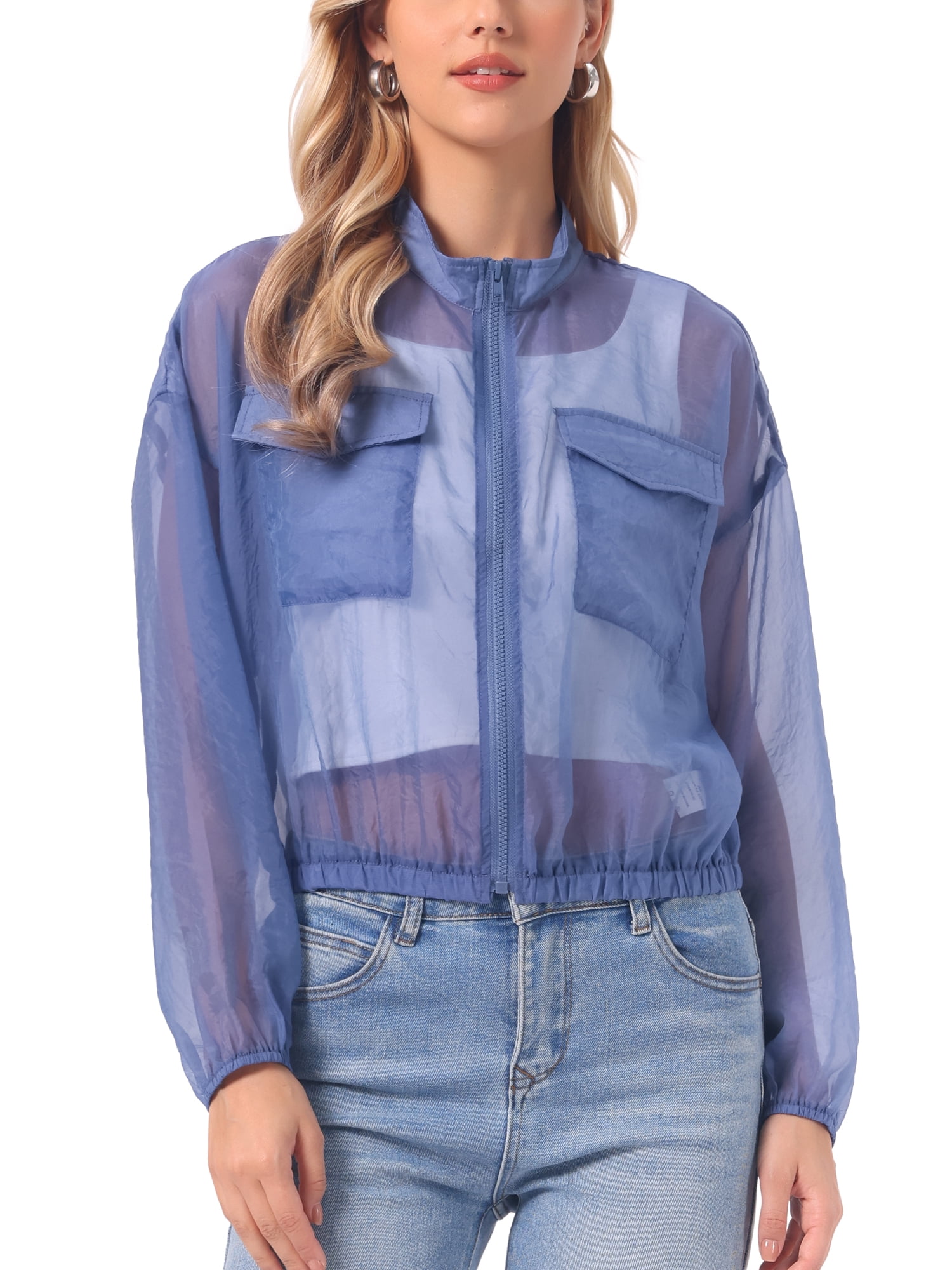 INSPIRE CHIC Women's Sheer Bomber Jacket Mesh Mock Neck Zip Up