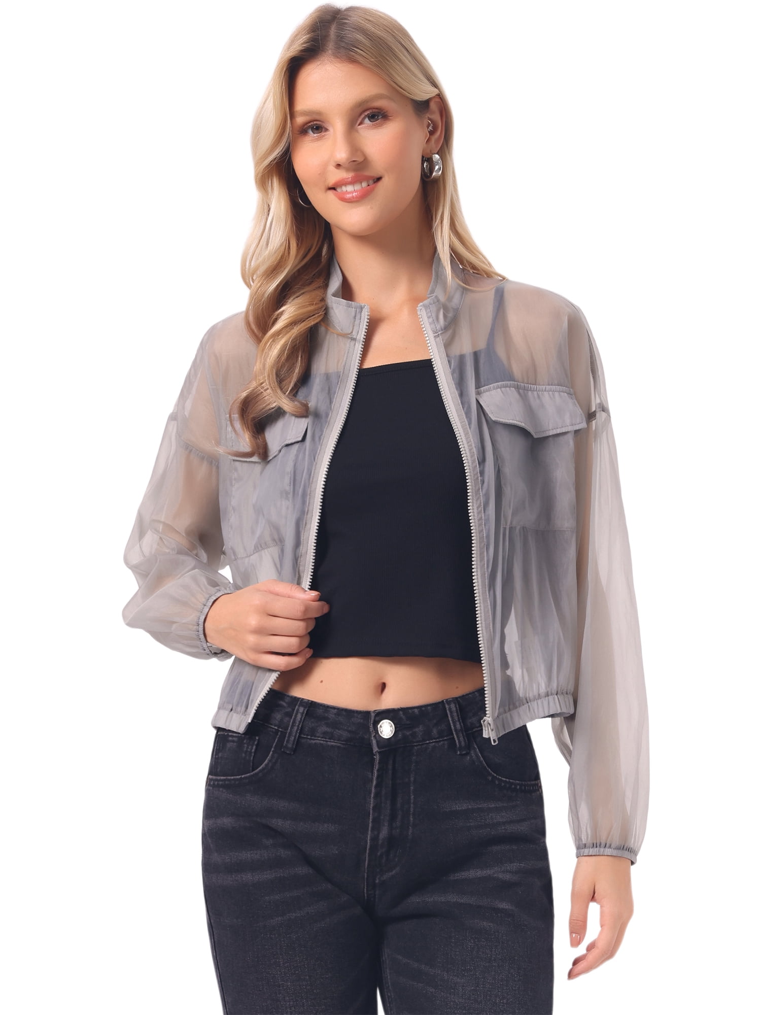 INSPIRE CHIC Sheer Bomber Jacket for Women's Zip Up Long Sleeve
