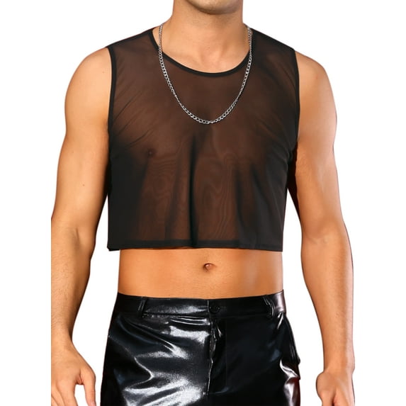 INSPIRE CHIC Men's Tank Tops Sheer Crop See-Through Design Party Sleeveless Mesh Vest S Black