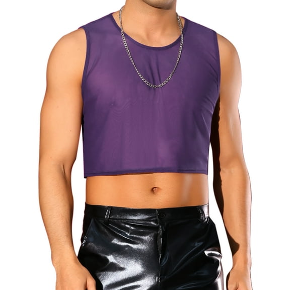 INSPIRE CHIC Sheer Crop Tank Top for Men's See Through Sleeveless Tee Round Neck Party Mesh Vest XL Purple
