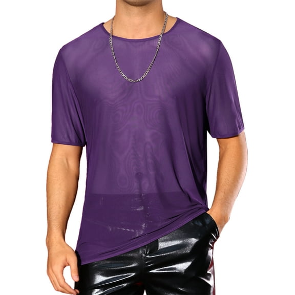 INSPIRE CHIC Sheer Mesh T-Shirt for Men's Short Sleeve Tee Top Crew Neck Party See Through t Shirts S Purple
