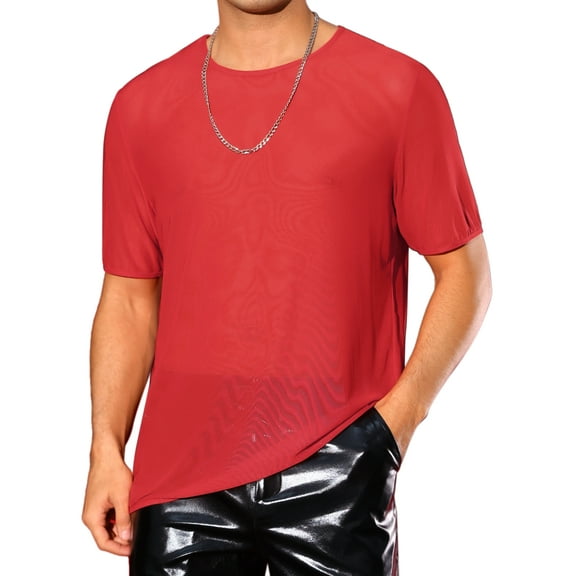 INSPIRE CHIC Sheer Mesh T-Shirt for Men's Short Sleeve Tee Top Crew Neck Party See Through t Shirts S Red