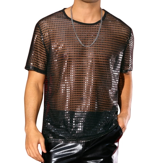 INSPIRE CHIC Sheer Sequin t Shirt for Men's Shiny Short Sleeve Tee Club Party Metallic Glitter T-Shirt L Black