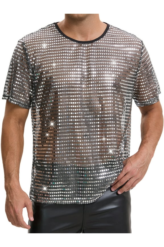Sheer Sequin t Shirt for Men's Shiny Short Sleeve Tee Club Party Metallic Glitter T-Shirt L Silver
