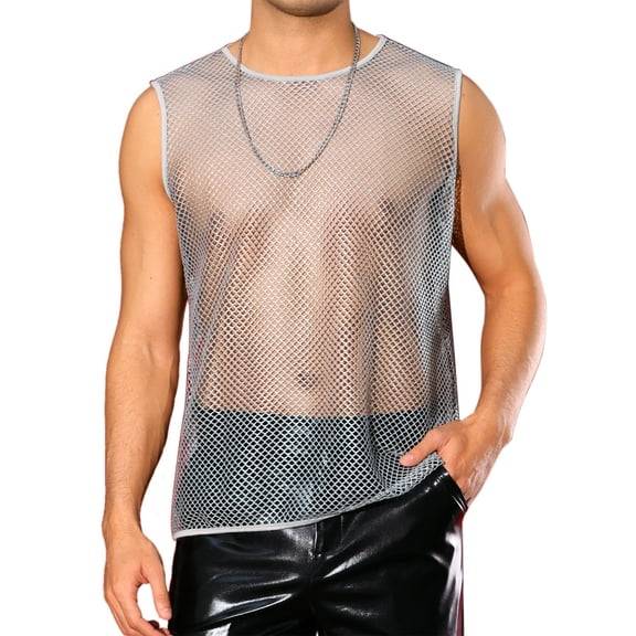 INSPIRE CHIC Sheer Tank Top for Men's See Through Sleeveless Party Clubwear Shiny Mesh Vest 2XL Silver Gray