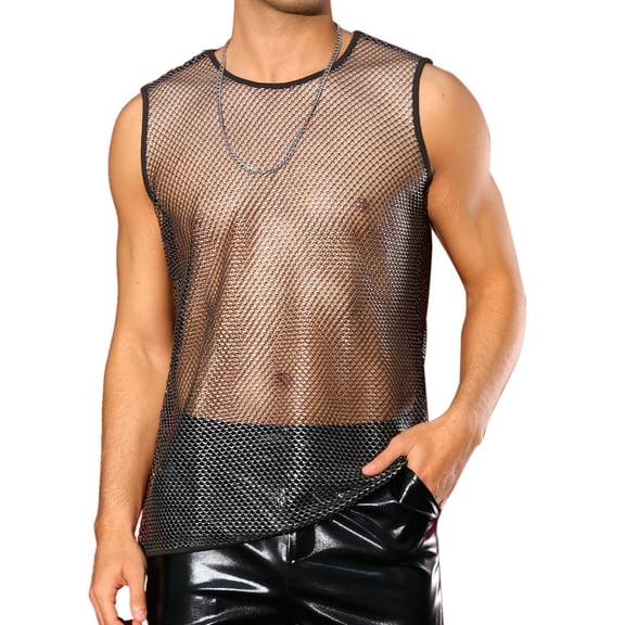 INSPIRE CHIC Sheer Tank Top for Men's See Through Sleeveless Party Clubwear Shiny Mesh Vest L Silver Black