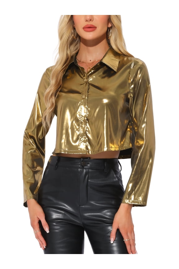 Shiny Metallic Shirt for Women's V Neck Button DownTop Summer Outfit M Gold