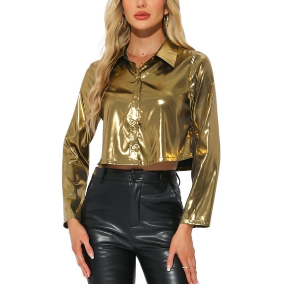 INSPIRE CHIC Shiny Metallic Shirt for Women's V Neck Button DownTop Summer Outfit XS Gold
