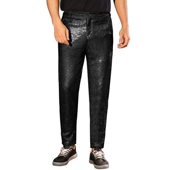 INSPIRE CHIC Shiny Pants for Men's Glitter 70s Disco Night Club Straight Leg Sequin Trousers 34 Black