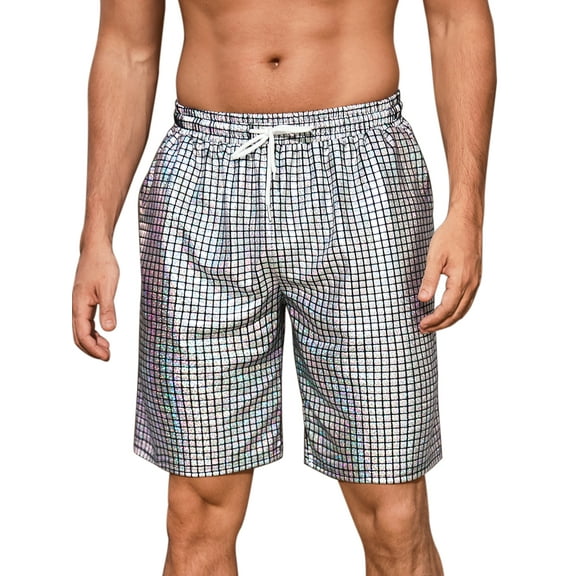 INSPIRE CHIC Shiny Shorts for Men's Metallic Drawstring Nightclub Disco Glitter Party Plaid Short Pants 30 Silver