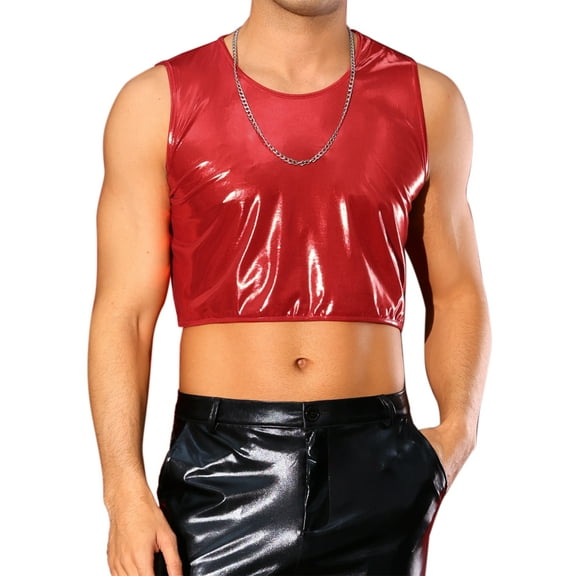 INSPIRE CHIC Shiny Tank Tops for Men's Sleeveless Tee Shirt Party Disco Metallic Crop Vest 2XL Red