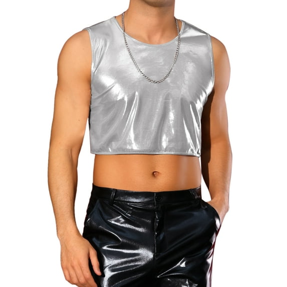 INSPIRE CHIC Shiny Tank Tops for Men's Sleeveless Tee Shirt Party Disco Metallic Crop Vest L Silver