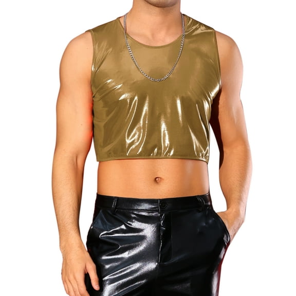 INSPIRE CHIC Shiny Tank Tops for Men's Sleeveless Tee Shirt Party Disco Metallic Crop Vest S Golden
