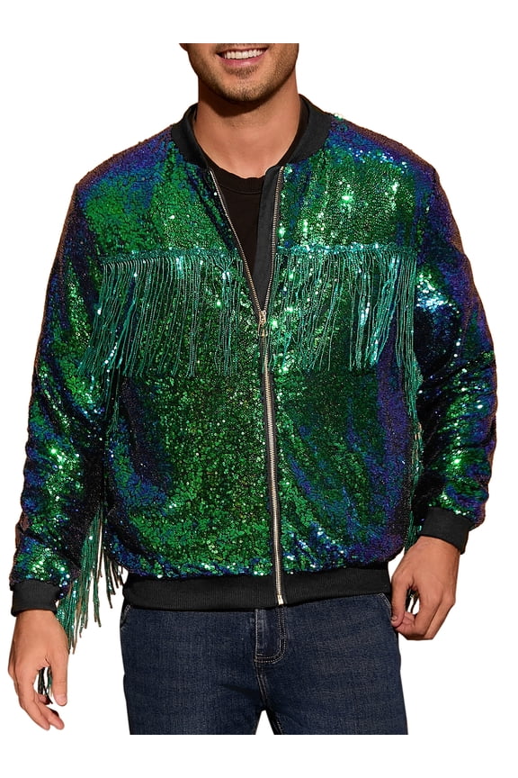 Shiny Varsity Jacket for Men's Zipper 70s Disco Sparkly Sequins Baseball Bomber Jackets L Green