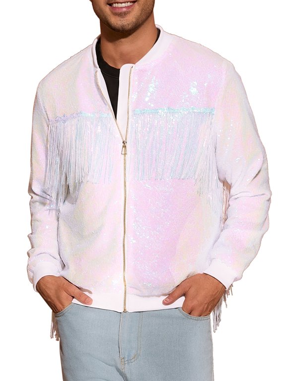 Shiny Varsity Jacket for Men's Zipper 70s Disco Sparkly Sequins Baseball Bomber Jackets M Holographic