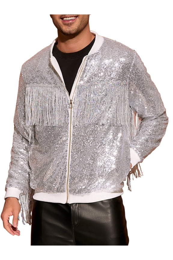 Shiny Varsity Jacket for Men's Zipper 70s Disco Sparkly Sequins Baseball Bomber Jackets M Silver