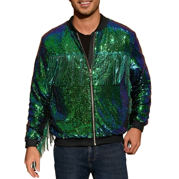 INSPIRE CHIC Shiny Varsity Jacket for Men's Zipper 70s Disco Sparkly Sequins Baseball Bomber Jackets S Green