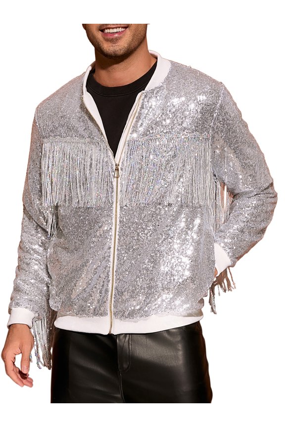 Shiny Varsity Jacket for Men's Zipper 70s Disco Sparkly Sequins Baseball Bomber Jackets S Silver