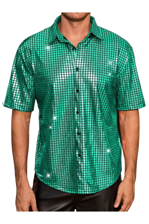 Shirts for Men's Button Down Short Sleeve Nightclub Prom Shiny Party 70s Disco Shirt M Green