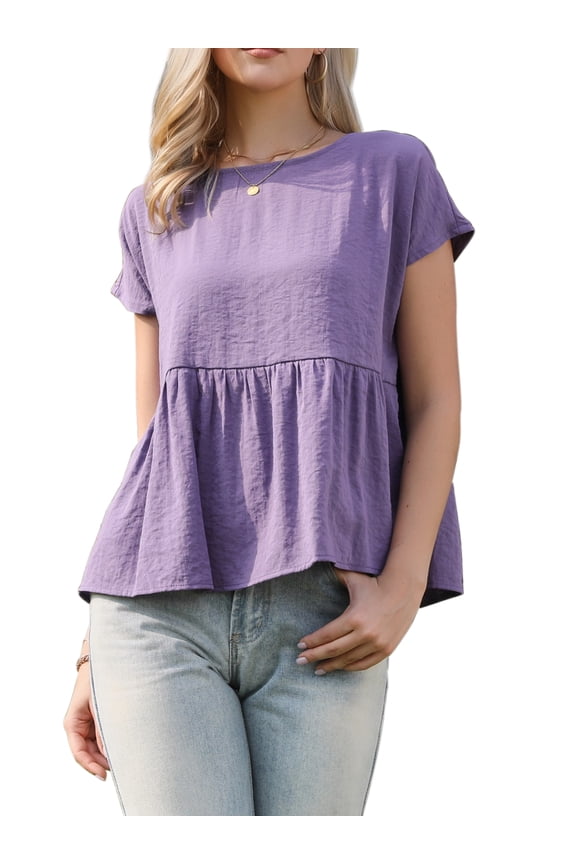 Short Sleeve Blouse for Women Casual Round Neck Ruffle Flowy Spring Summer Going Out Blouses Top L Purple