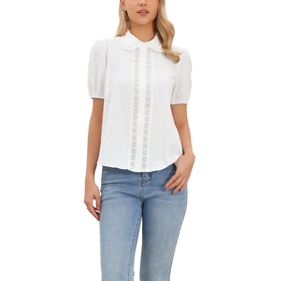 INSPIRE CHIC Short Sleeve Cotton Blouse for Women's Peter Pan Collar Button Up Crochet Panel Top M White