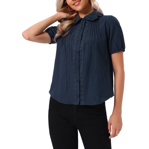 INSPIRE CHIC Short Sleeve Cotton Blouse for Women's Peter Pan Collar Button Up Crochet Panel Top XS Dark Blue