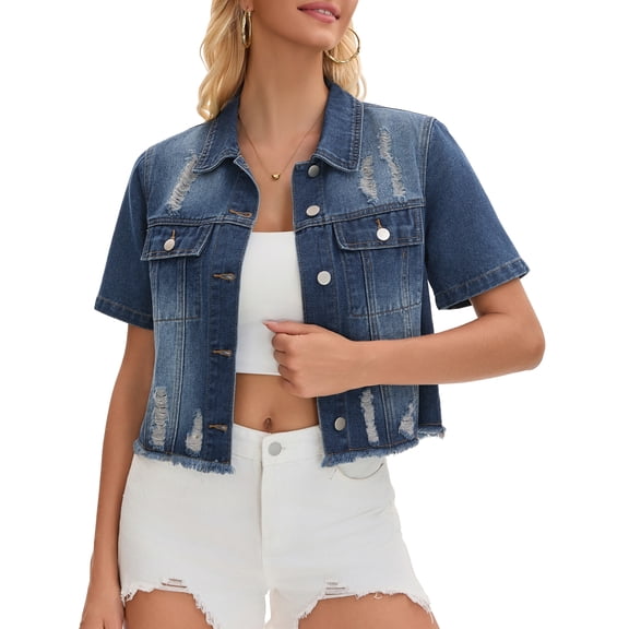 INSPIRE CHIC Short Sleeve Denim Jacket Button Up Ripped Frayed Cropped Jean Jacket L Blue