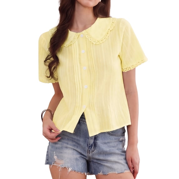 INSPIRE CHIC Short Sleeve Shirts for Women Ruffle Peter Pan Collar Button Down Cotton Blouse Casual Summer Tops M Yellow