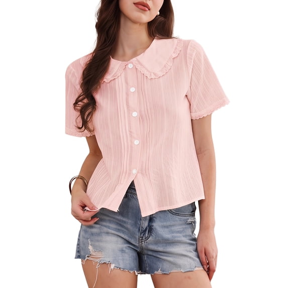 INSPIRE CHIC Short Sleeve Shirts for Women Ruffle Peter Pan Collar Button Down Cotton Blouse Casual Summer Tops S Pink