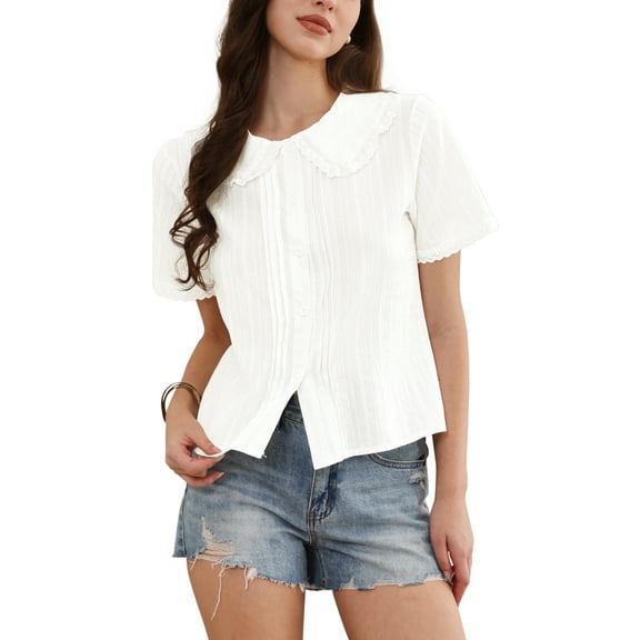 INSPIRE CHIC Short Sleeve Shirts for Women Ruffle Peter Pan Collar Button Down Cotton Blouse Casual Summer Tops S White