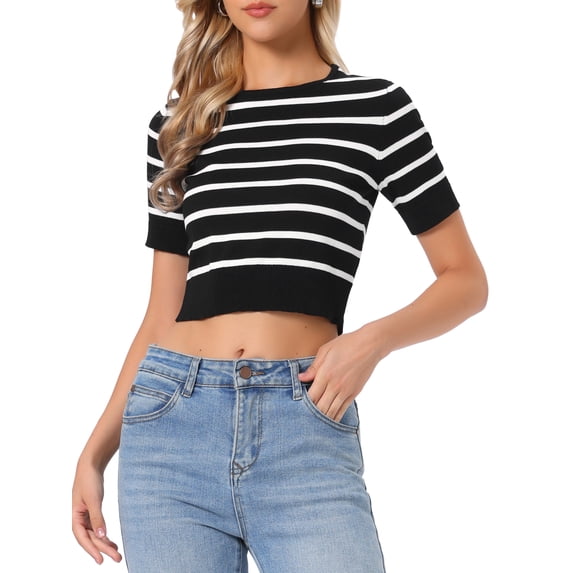 INSPIRE CHIC Short Sleeve Striped Top for Women Crew Neck t Shirts 2026 Summer Knit Casual Cropped Pullover Sweater XS Black