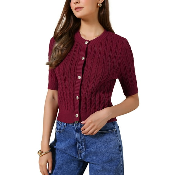 INSPIRE CHIC Short Sleeve Summer Cardigan for Women Cable Knit Button Down Crew Neck Trendy Sweater Crop Top L Burgundy