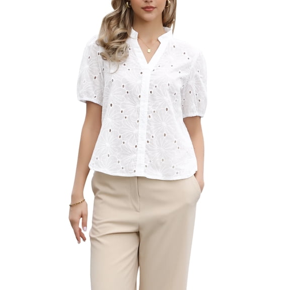 INSPIRE CHIC Short Sleeve Summer Tops for Women Casual V Neck Hollow Out Eyelet Top Shirts XL White