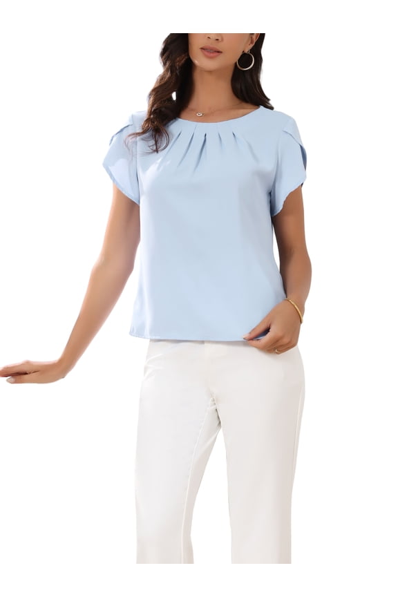 Short Sleeve Top for Women's Casual Blouses Pleated Front Round Neck Summer Basic t Shirts M Light Blue
