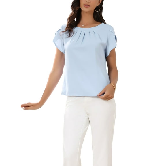 INSPIRE CHIC Short Sleeve Top for Women's Casual Blouses Pleated Front Round Neck Summer Basic t Shirts S Light Blue